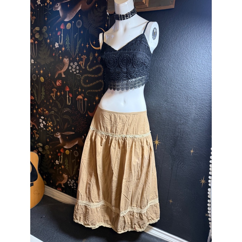 Valerie Stevens Tan Cotton Lace Trim Tiered Midi Skirt Boho Cottagecore Size 14